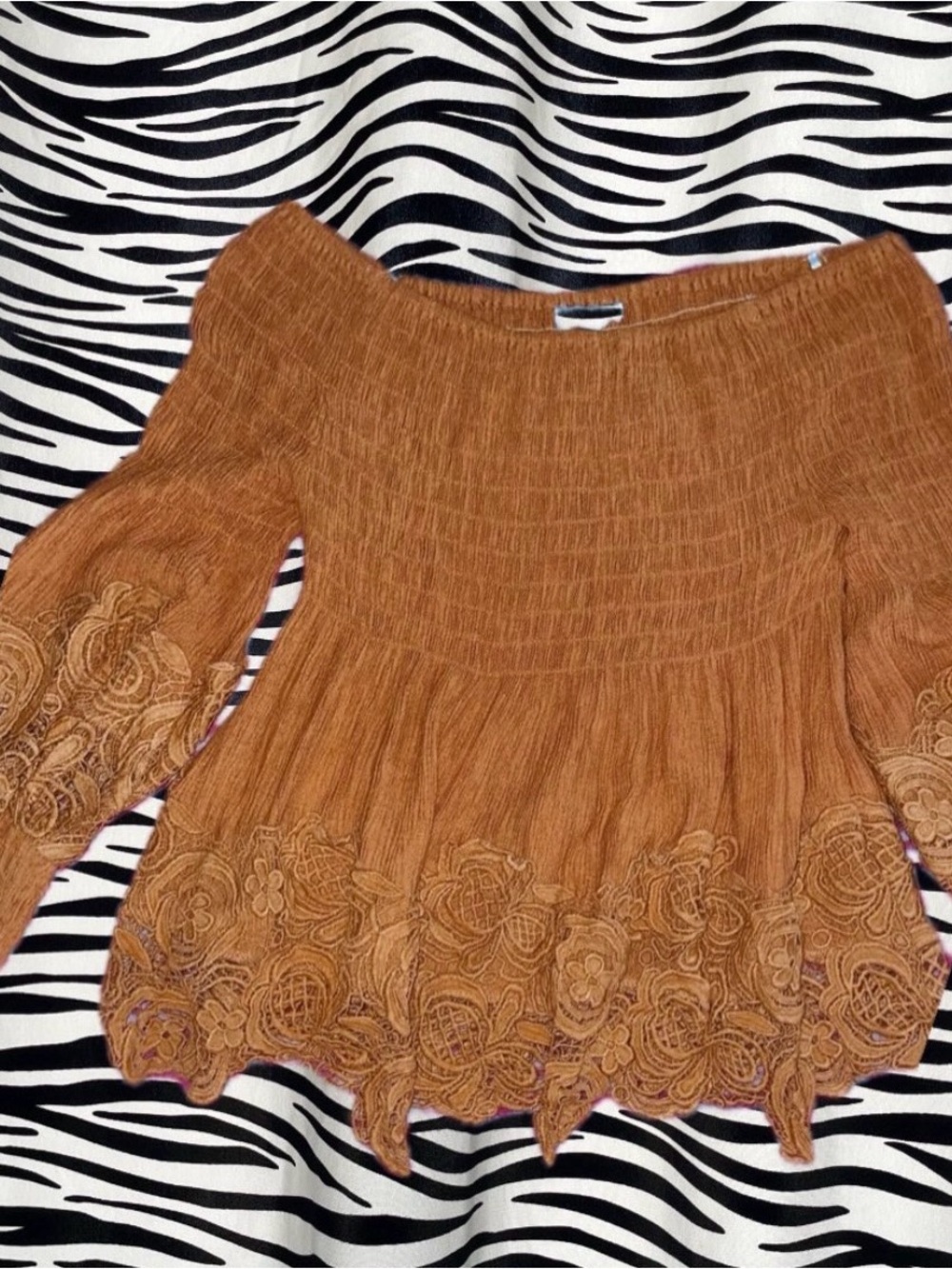 a'gaci Rust Brown Embroidered Off-Shoulder Blouse